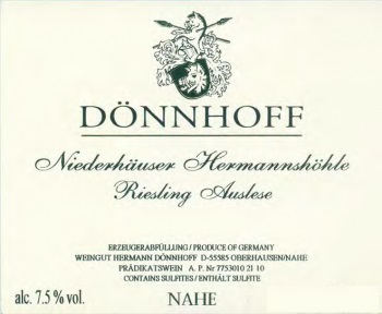 Donnhoff Niederhauser Hermannshohle Riesling Auslese 2003 Niederhausen Nahe 750ml/Btl 12/case